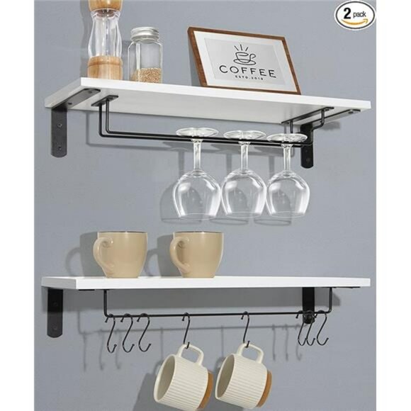 Coffee bar wall shelf set of 2 with hooks floating mug rack wine glass holder - Picture 7 of 7